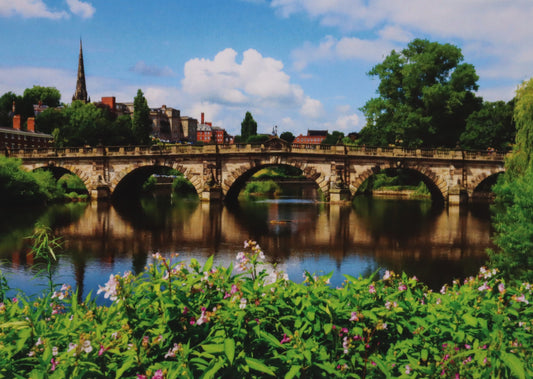 English Bridge and the River Severn Blank Shrewsbury Post Card